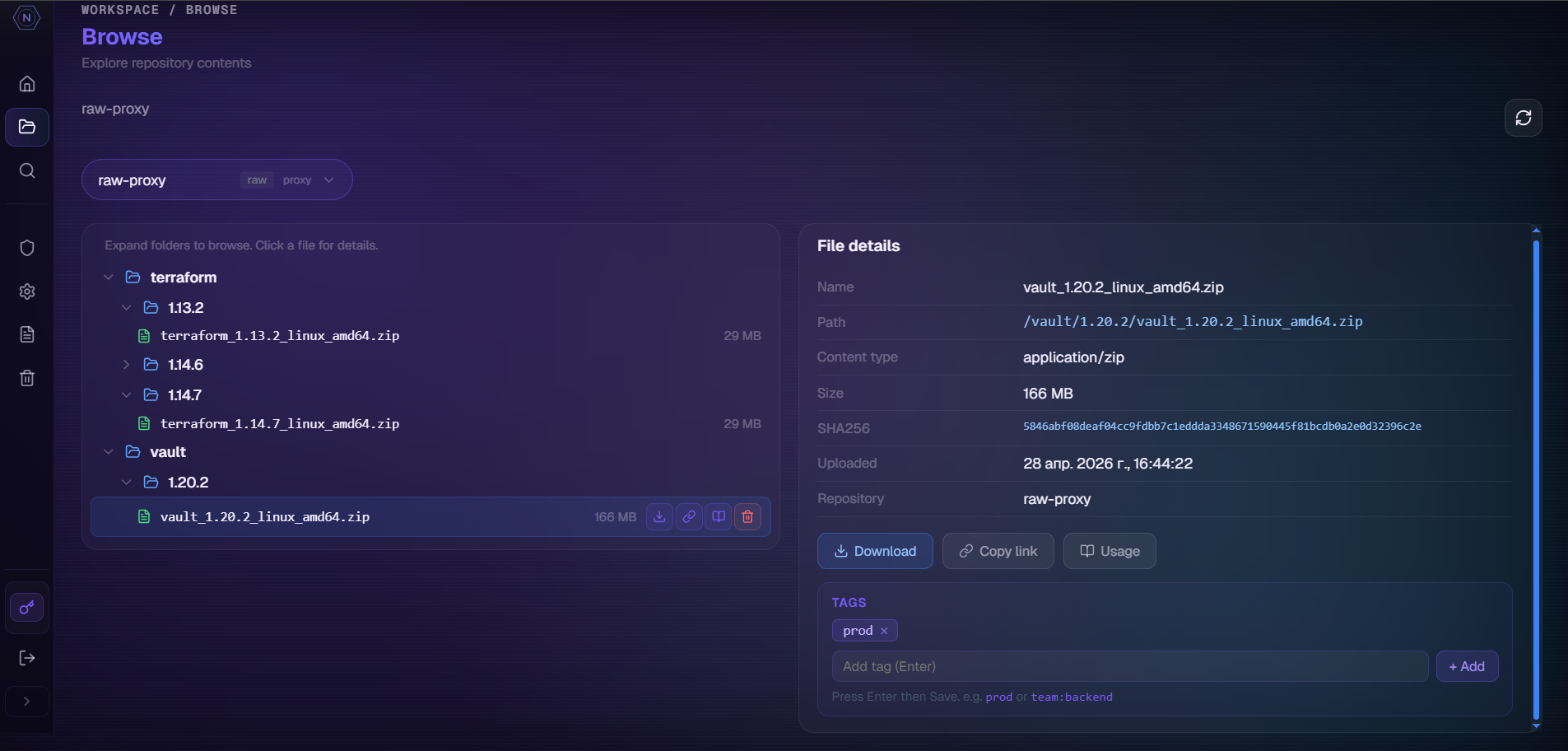 Browse page with the file tree expanded and a component detail panel open