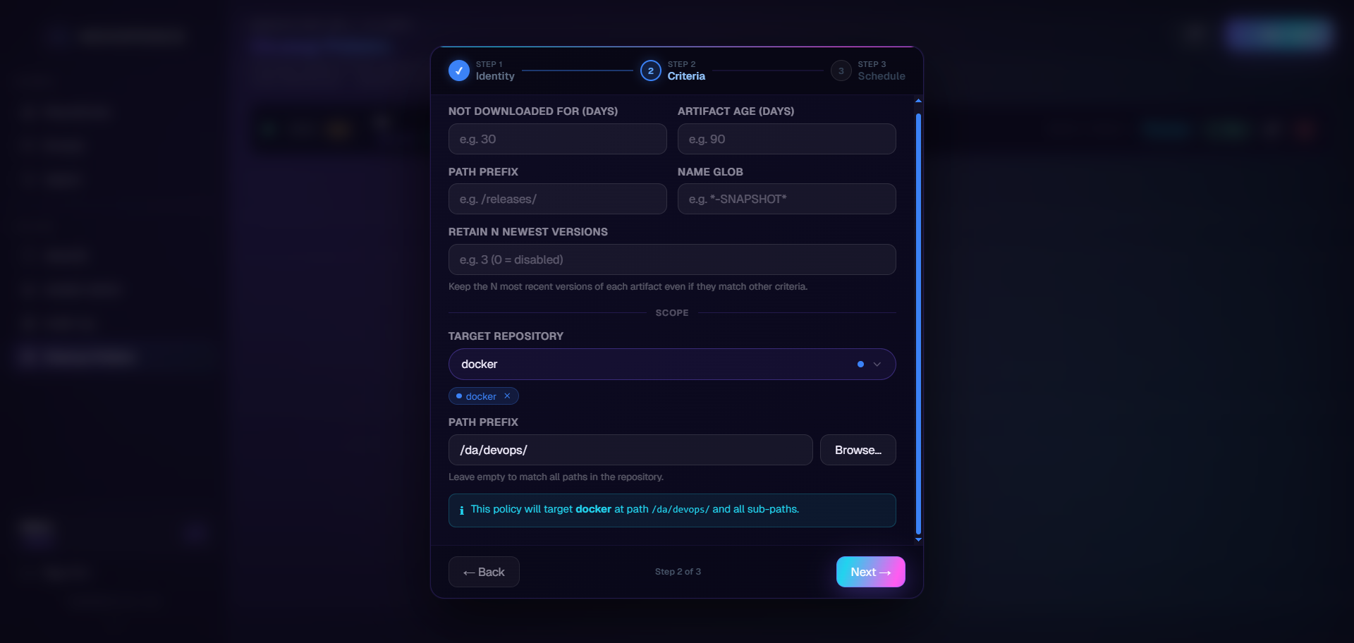 Cleanup Policies page with policy cards and the create wizard