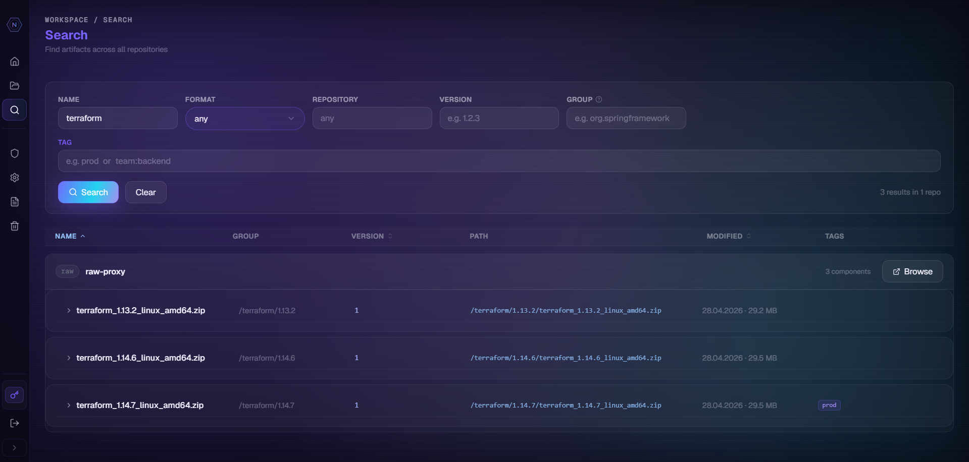 Search results with format badges and tag chips
