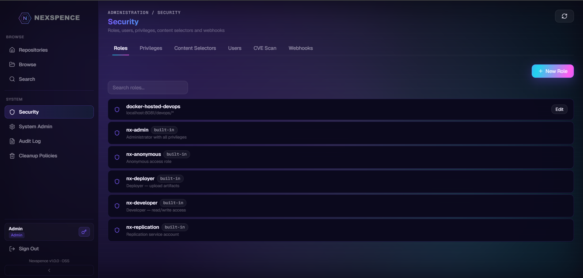 Security Roles tab showing roles with privilege chips